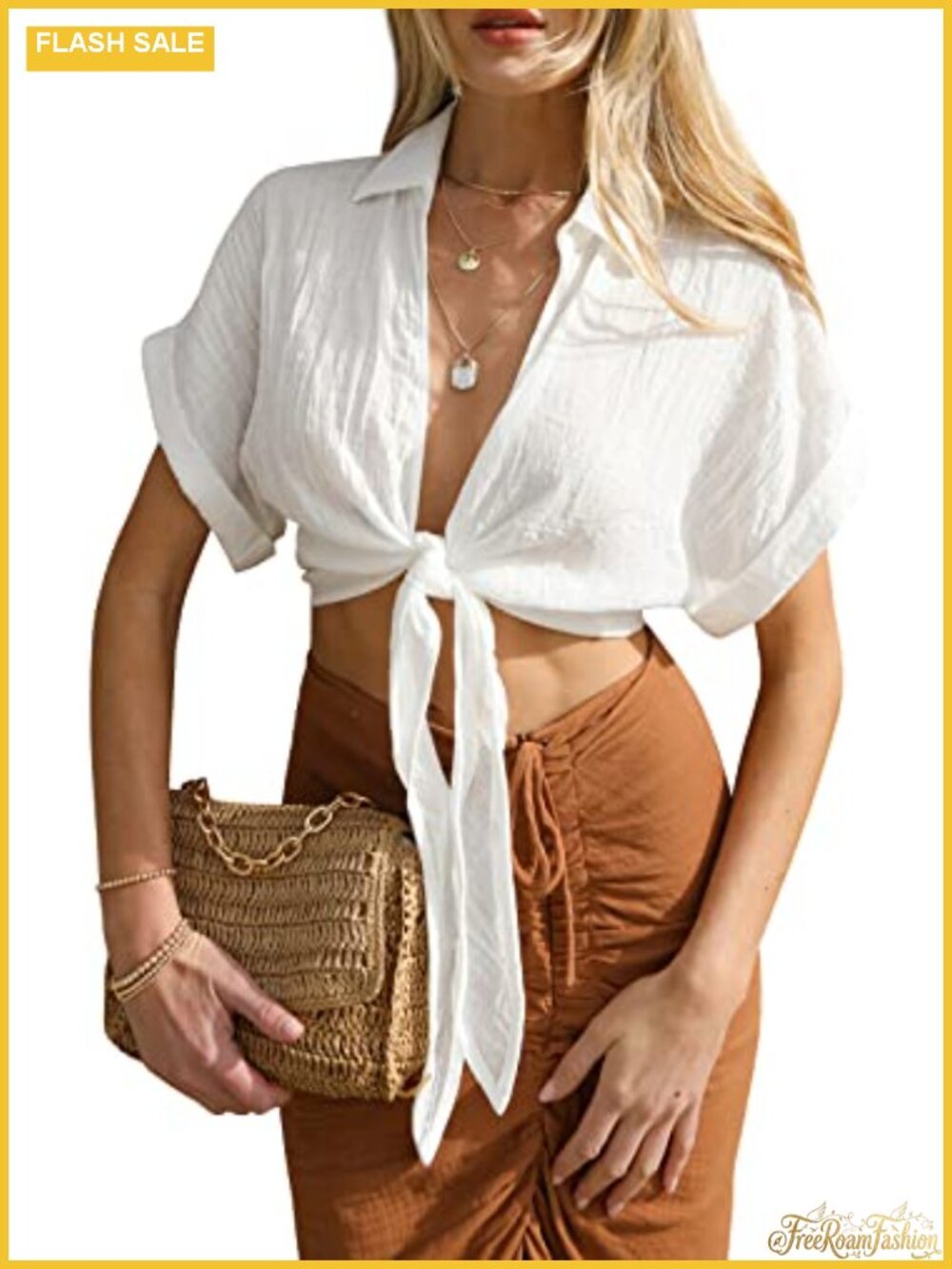 Ezbelle Women's Crop Top Short Sleeve Deep V Neck Front Tie Casual Blouse